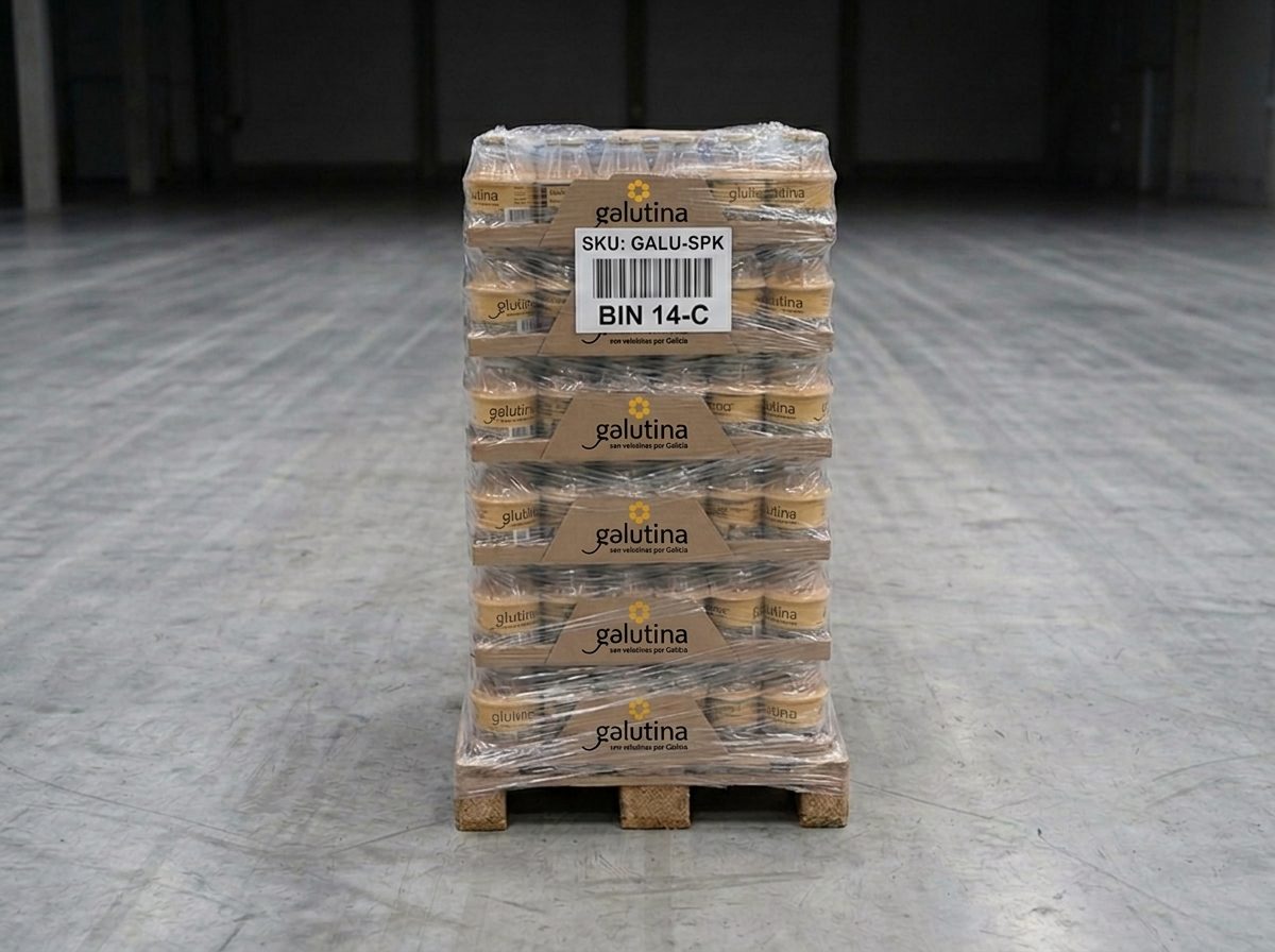 Palet de caixas de Galutina embaladas e listas para envío institucional